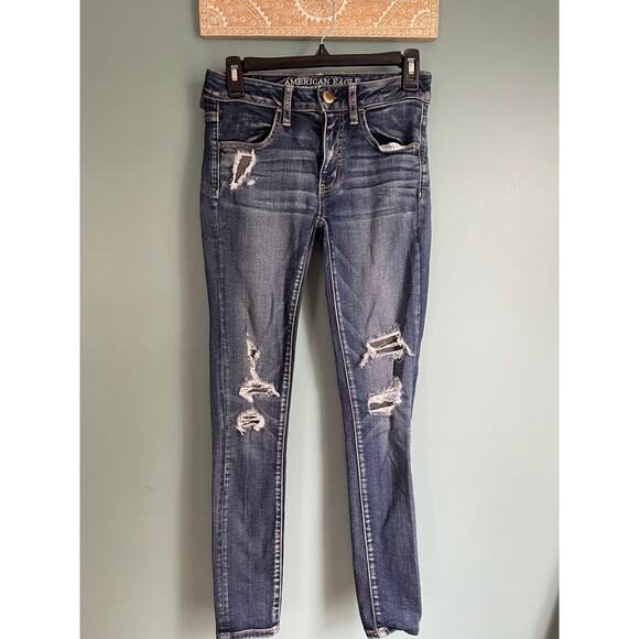 American Eagle Dark Wash Ripped Skinny Jeans - Picture 2 of 8